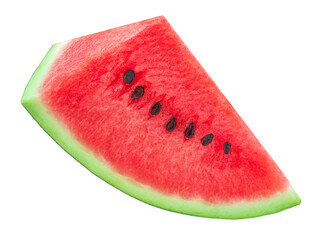 Flying Watermelon triangle slice with seeds isolated on white. Fresh juicy Watermelon fruit, summer...