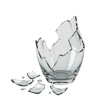 Broken glass vase with shattered pieces on a black background. Symbolic fragility concept