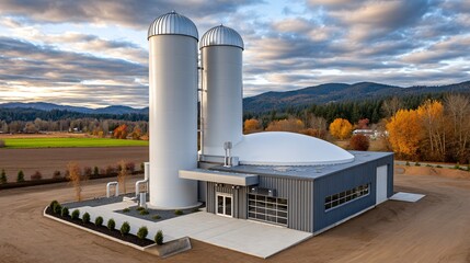 Fototapeta premium High-angle shot of an isolated rural biomass heating plant with two wood-fired digesters, heat exchange towers, eco-heat pipelines snaking into a village, and surrounding farmland displayed