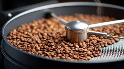 Roasted coffee beans cooling in spinning roaster tray
