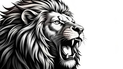 Obraz premium A Majestic Roaring Lion Head in Monochrome, a Powerful and Dramatic Illustration of a Wild Cat with Detailed Mane and Fangs
