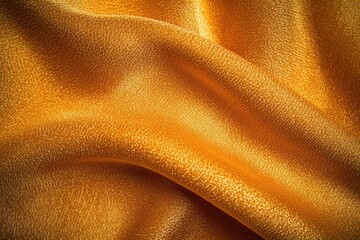 Close-up view of luxurious, golden-orange fabric with soft, flowing drapes.  A textured surface, slightly reflective, showcasing its rich material