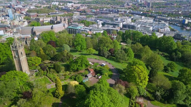 Aerial video of Bristol downtown area from the vantage point of Brandon Hill. 