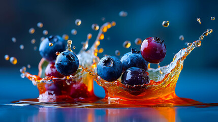 Healthy superfood blueberries in artistic water impact scene