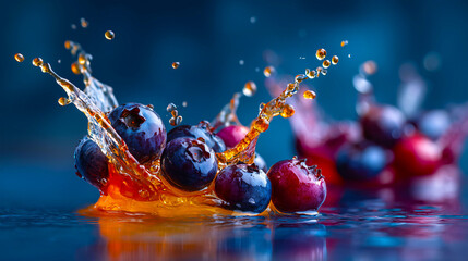 Dynamic fruit splash featuring ripe blueberries and juice drops
