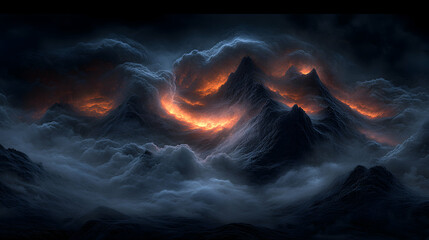 Fototapeta premium Dramatic, fiery mountain range shrouded in dark clouds; a fantasy landscape. Perfect for fantasy art, game backgrounds or dark themes.