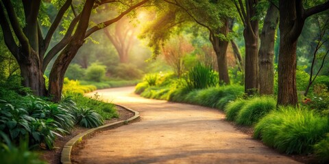 Fototapeta premium Serene Garden Path at Dawn A Gentle Curve Through Lush Greenery and Sunlight