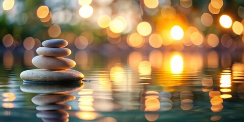 Obraz premium A serene stack of Zen stones on a calm water surface with soft candlelight reflected in the background, creating a peaceful ambiance and a blurred bokeh effect , serene, reflection