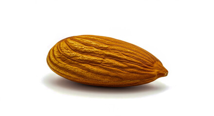 A single macro almond nut isolated on a pure white background showing detailed texture