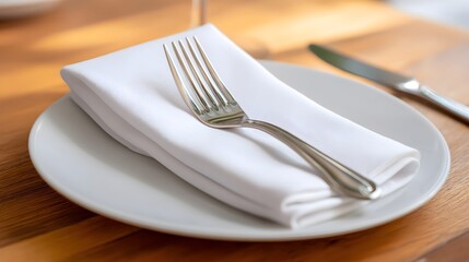 Caf napkin elegantly folded with fork resting on plate in a cozy dining setting during lunch