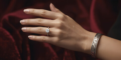 The bride's hand, with a wedding ring, is lovingly held by the groom, symbolizing their marriage and love as a newly married couple