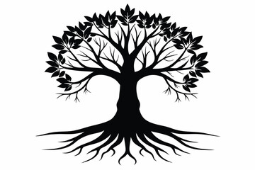 Silhouette of a Lush Tree with Extensive Roots and Leafy Canopy Graphic