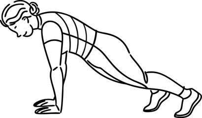 Simple black and white line drawing of a person performing a push up exercise
