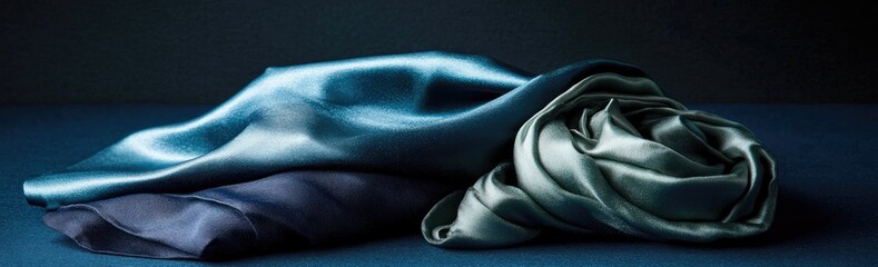 Soft, luxurious fabrics in deep teal and smoky gray tones, draped elegantly