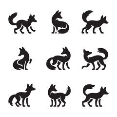 Set of Fox Silhouettes Featuring Different Poses and Stances in Black and White for Wildlife Design