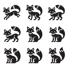Set of Fox Silhouettes Featuring Different Poses and Stances in Black and White for Wildlife Design