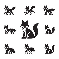 Set of Fox Silhouettes Featuring Different Poses and Stances in Black and White for Wildlife Design