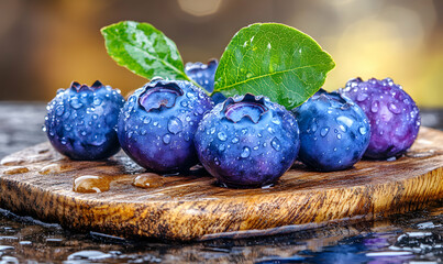 Juicy blueberries glistening with water droplets on a rustic wooden board, perfect for healthy eating or food blogs.