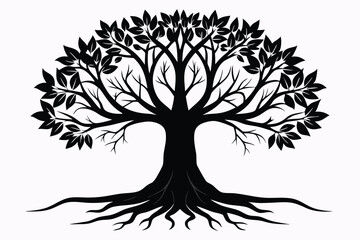 Silhouette of a Majestic Tree with Detailed Roots and Leafy Branches Design