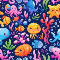 Naklejka premium seamless pattern of happy cartoon sea creatures in bright tropical colors, underwater bubbles, and coral reefs