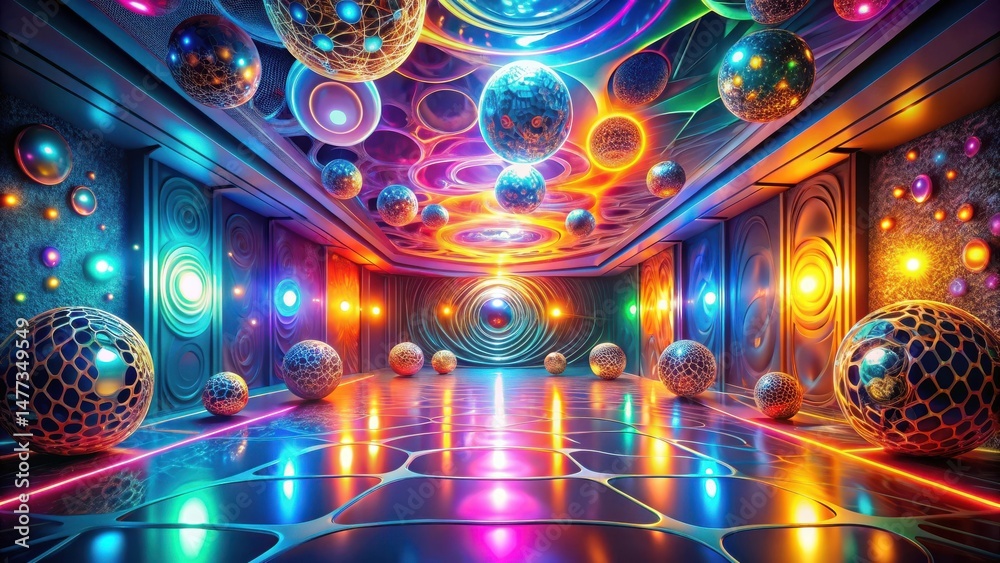 Poster vibrant neon corridor with illuminated spheres and reflective floor, featuring psychedelic patterns 