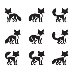 Set of Fox Silhouettes Featuring Different Poses and Stances in Black and White for Wildlife Design