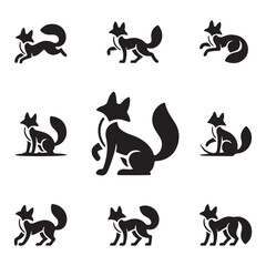 Set of Fox Silhouettes Featuring Different Poses and Stances in Black and White for Wildlife Design