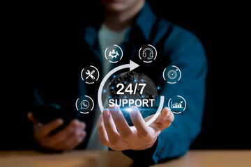 24-7 service, online store concept After-sales service in 24-7 online service with round the clock access to full-time global customer service.	