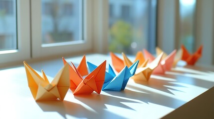 Colorful origami cranes on windowsill