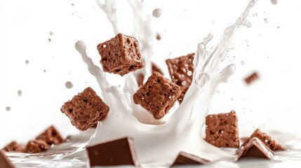 Flying Chocolate Cereal Cubes Splashing into Fresh Milk with Juicy Droplets Creating Energetic Breakfast Scene with Vibrant and Tasty Appeal for Food Lovers and Advertisers