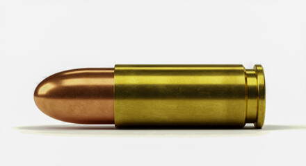 Detailed studio shot of a single copper and brass bullet on a bright white background