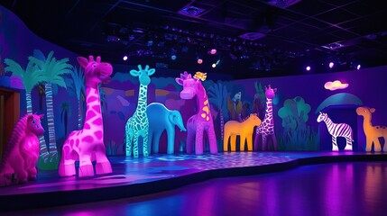 Colorful stage featuring giraffes and other animals in a dynamic setting