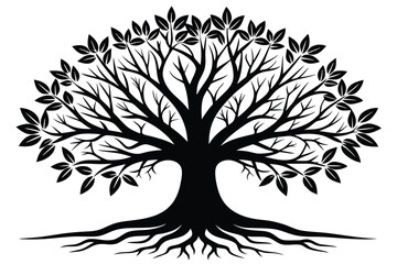 Fototapeta premium Black Silhouette Tree with Leaves and Roots Stylized Nature Illustration Design