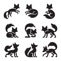 Set of Fox Silhouettes Featuring Different Poses and Stances in Black and White for Wildlife Design