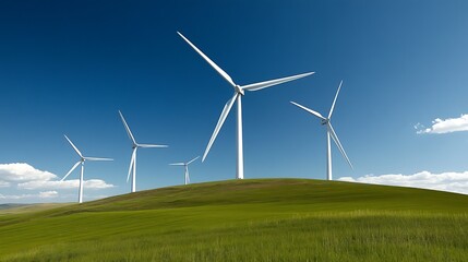 Fototapeta premium Clean Energy Wind Turbines on a Green Hillside under a Blue Sky A picturesque renewable energy landscape