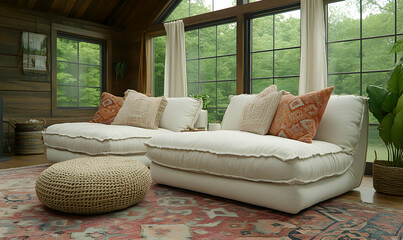 Fototapeta premium Relaxing sectional sofa in a sunlit room with large windows overlooking lush greenery. Perfect for a cozy home interior design image.