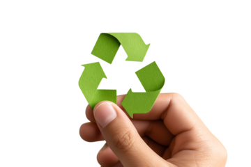 Hand holding a green recycling symbol, isolated on a transparent background