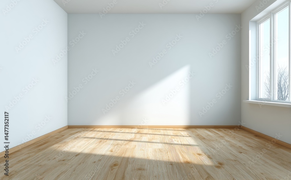 Poster minimalist empty room with light wood flooring and white walls, sunlight streaming through large win