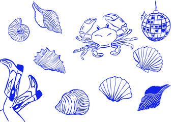 Italian summer illustration set. Vacation Set. Hand-drawn doodle illustrations of seashell, cowboy shoes, crab, disco ball, Dolce Vita aesthetic for t-shirt print, invitations. Sea beach weekend