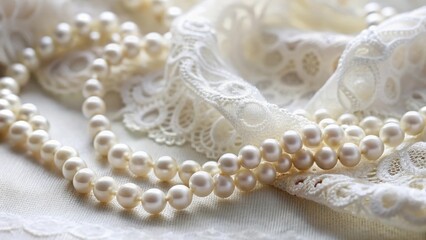 Obraz premium Delicate pearl necklace draped over a soft white lace fabric background, with intricate details and subtle sheen , vintage charm, elegant style