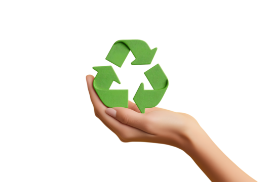 eco friendly concept Hand holding a green textured recycling symbol, isolated on a transparent background