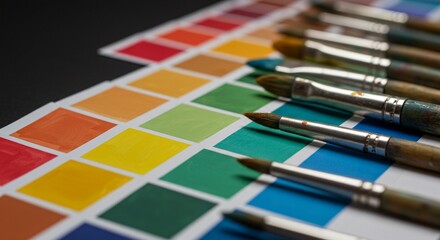 Arrangement of Paintbrushes on Colorful Watercolor Palette