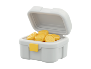 Treasure chest open with gold coins inside on transparent background, 3D render, game asset for mobile video game, simple design, simple shape.