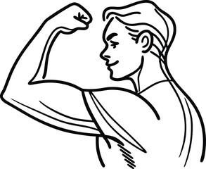 Strong and confident man flexing bicep in a simplified black and white illustration