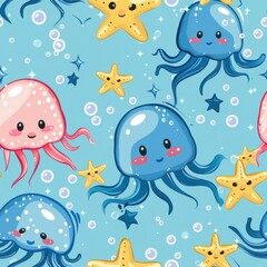 Obraz premium seamless pattern of happy cartoon sea creatures in bright tropical colors, underwater bubbles, and coral reefs