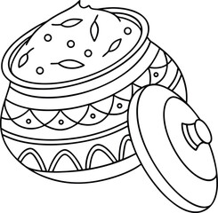 Detailed black and white illustration of a pot with a lid and ornamentation
