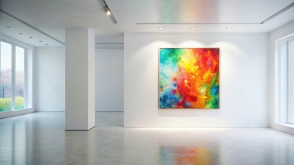 Modern Gallery Interior Featuring Vibrant Abstract Artwork on a Pristine White Wall