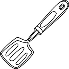 Black and white illustration of a kitchen spatula cooking utensil for cooking or baking.