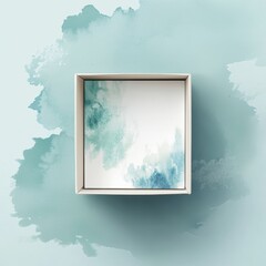 Minimalist square box with abstract blue watercolor art on a matching painted background.