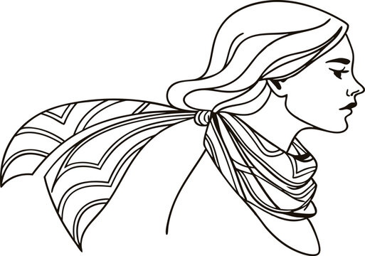woman profile with scarf, black and white clip art preview